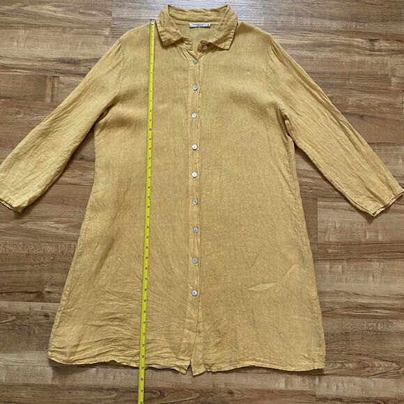 FRANCESCA BETTINI M Linen Yellow Button Shirt Dress Roll-Tab Cottage Lagenlook - Picture 13 of 16